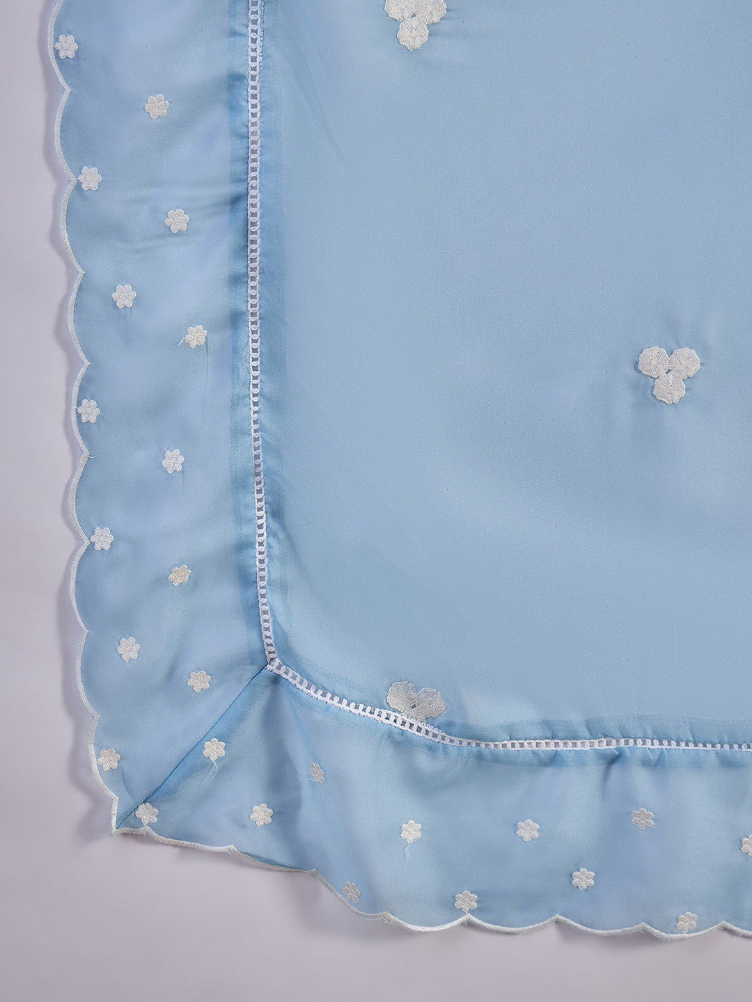 Embroidered V-Neck Chikankari Organza Kurta With Trousers And Dupatta