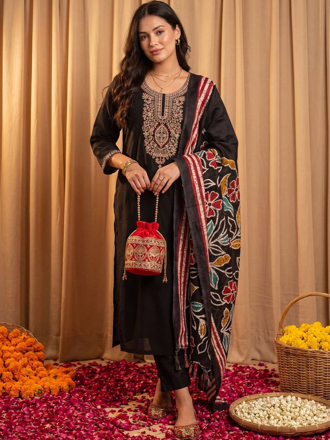 Women Ethnic Motifs Embroidered Regular Thread Work Kurta with Trousers & With Dupatta