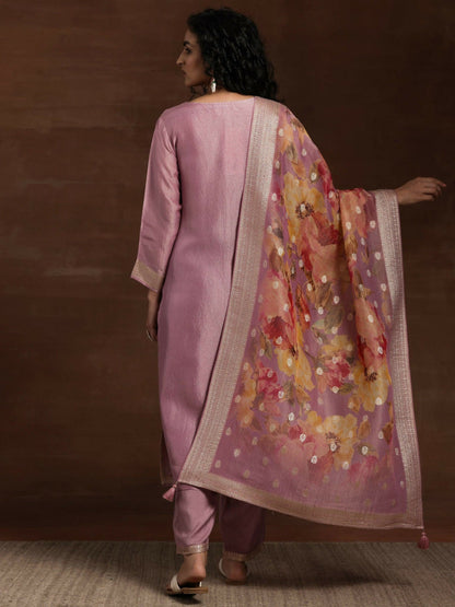 Women's LB Mauve Woven Design Silk Blend Straight Kurta With Palazzos & Dupatta