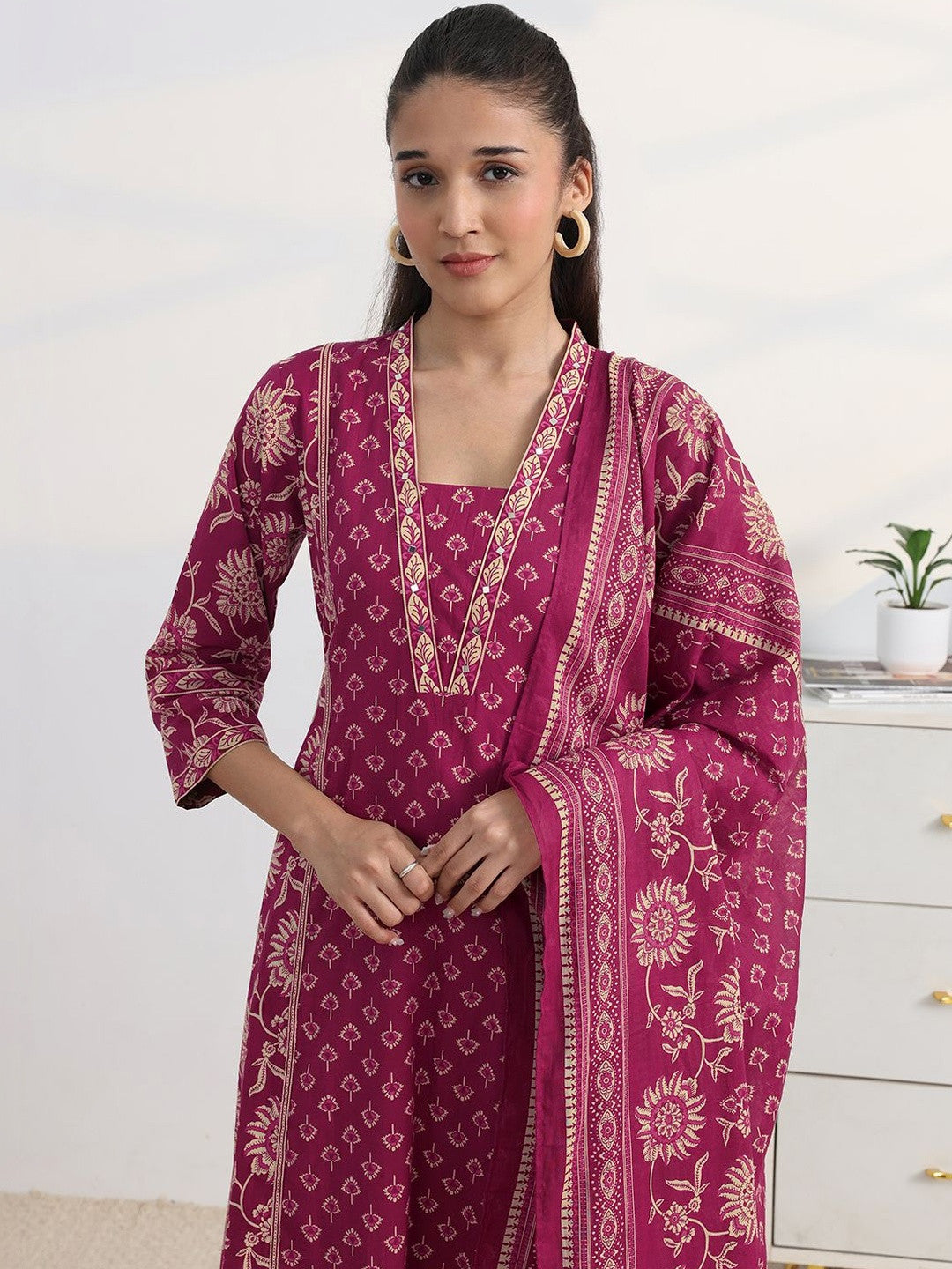 Libas Pink Floral Print A-Line Suit Set with Dupatta