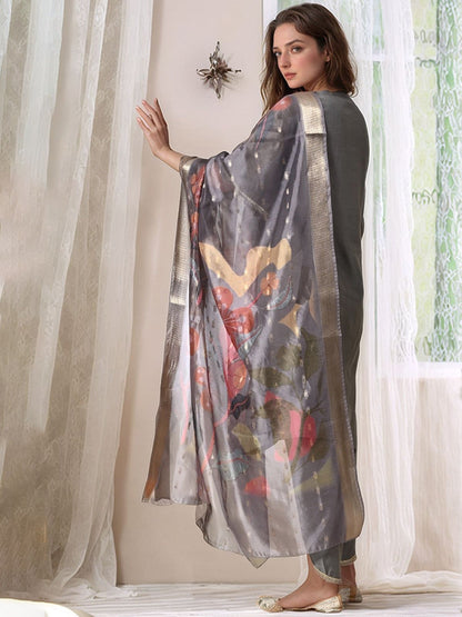 V-Neck A-Line Kurta With Dhoti Pants & Dupatta