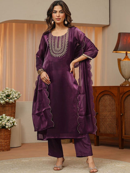 Libas Burgundy Yoke Design Tissue Straight Suit Set