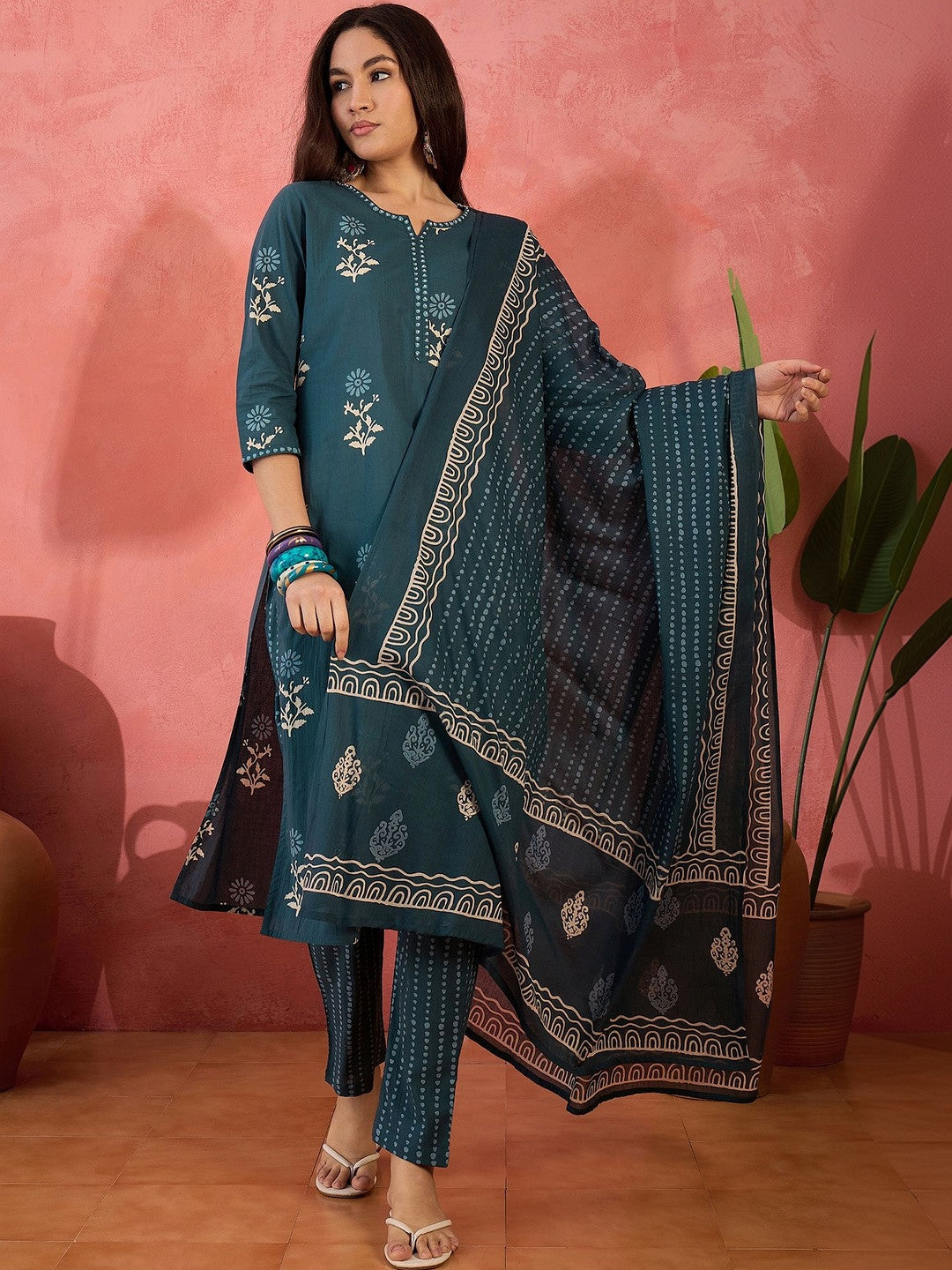 Printed Pure Cotton Round Neck Kurta & Trousers Kurta Set