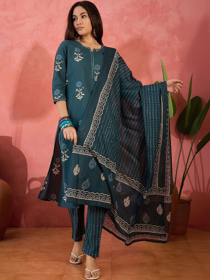 Printed Pure Cotton Round Neck Kurta & Trousers Kurta Set