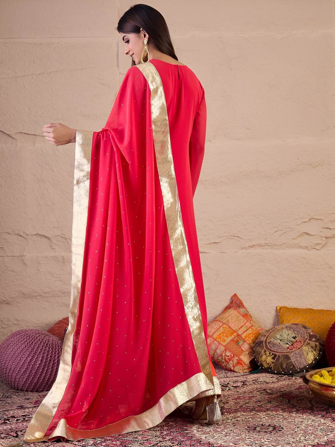 Dhiyona IN Floral Embroidered Zari Georgette Anarkali Kurta With Palazzos & Dupatta