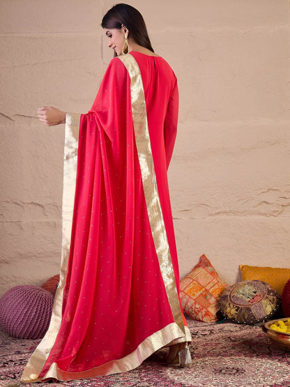 Dhiyona IN Floral Embroidered Zari Georgette Anarkali Kurta With Palazzos & Dupatta