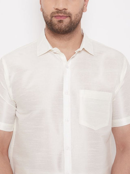 Men's Cream Silk Blend Straight Shirt And Mundu