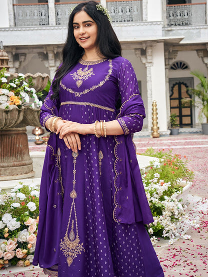 Dhiyona CH Embroidered Round Neck Chinon Thread Work Anarkali Kurta With Palazzos & Dupatta