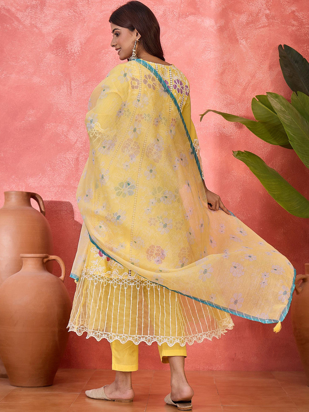 Women Floral Embroidered Cotton Kurta with Trousers & Dupatta