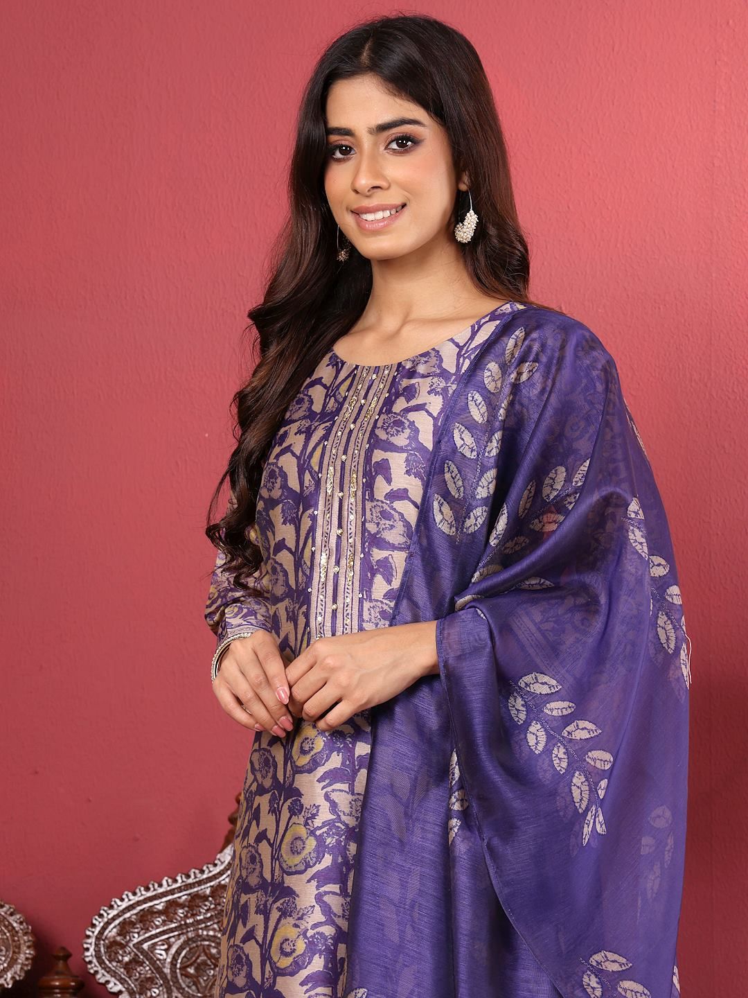 Purple Purple Floral Printed Beads and Stones Chanderi Silk Kurta with Trousers & Dupatta