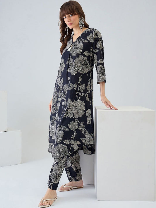 Women Floral Printed Regular Pure Cotton Kurta with Trousers