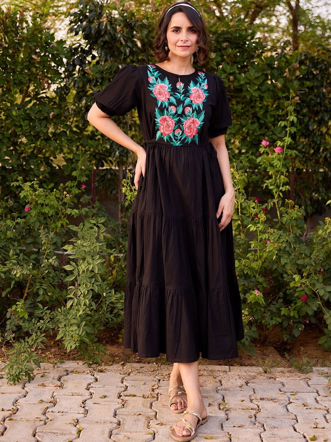 Dhiyona AY Women's Embroidered Round Neck Fit and Flare Ethnic Dresses