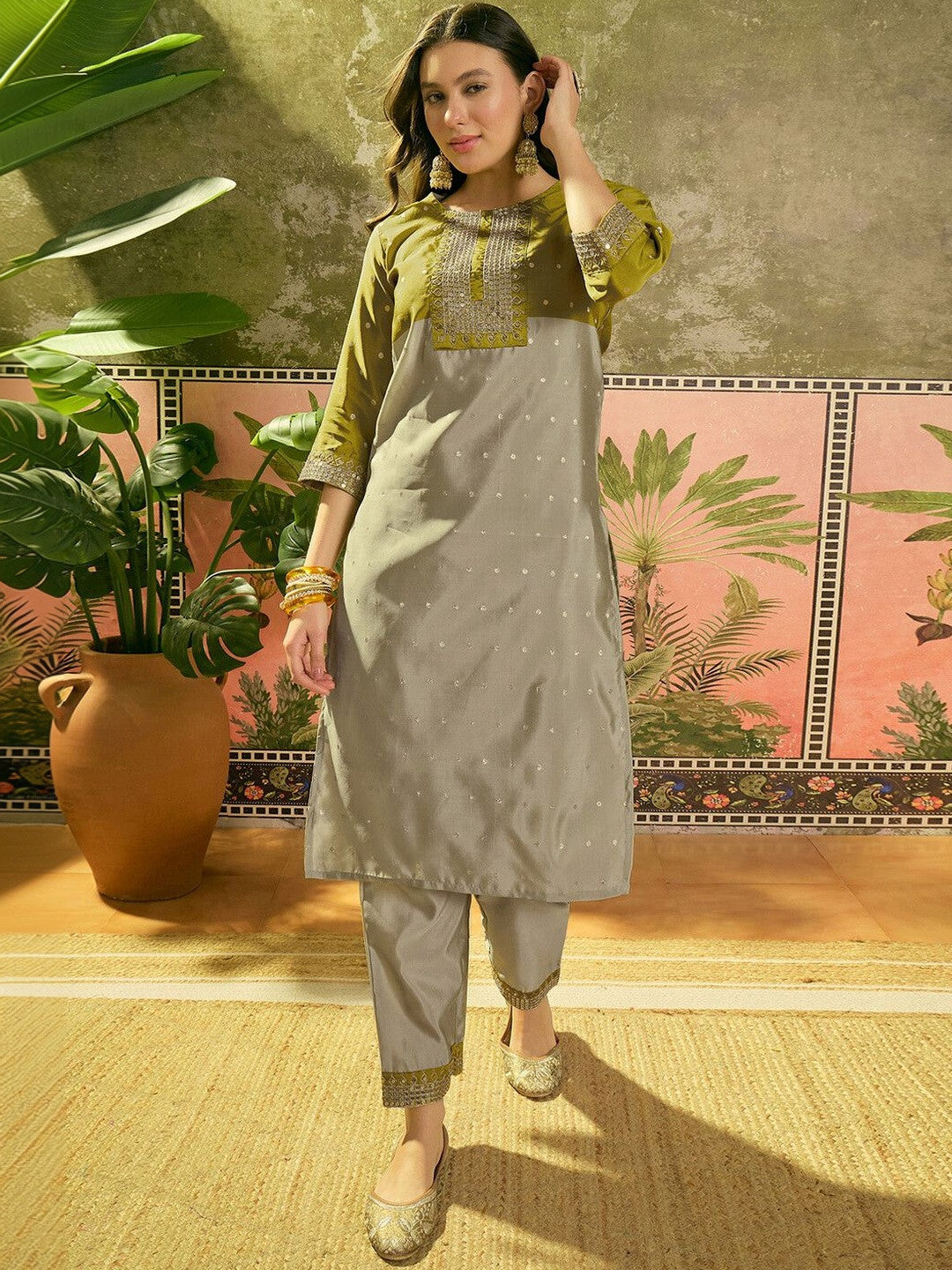 Embroidered Round Neck Kurta & Trousers with Dupatta