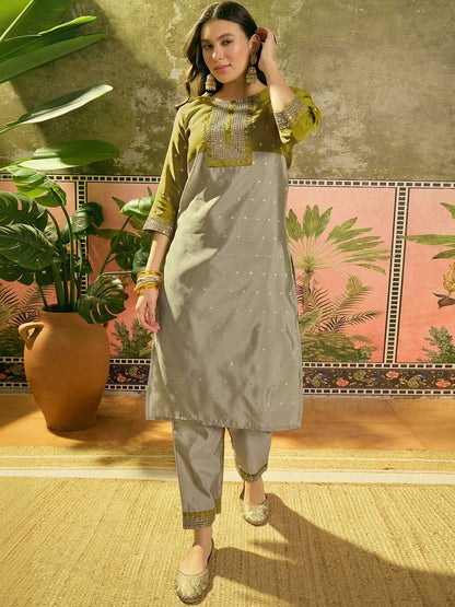 Embroidered Round Neck Kurta & Trousers with Dupatta