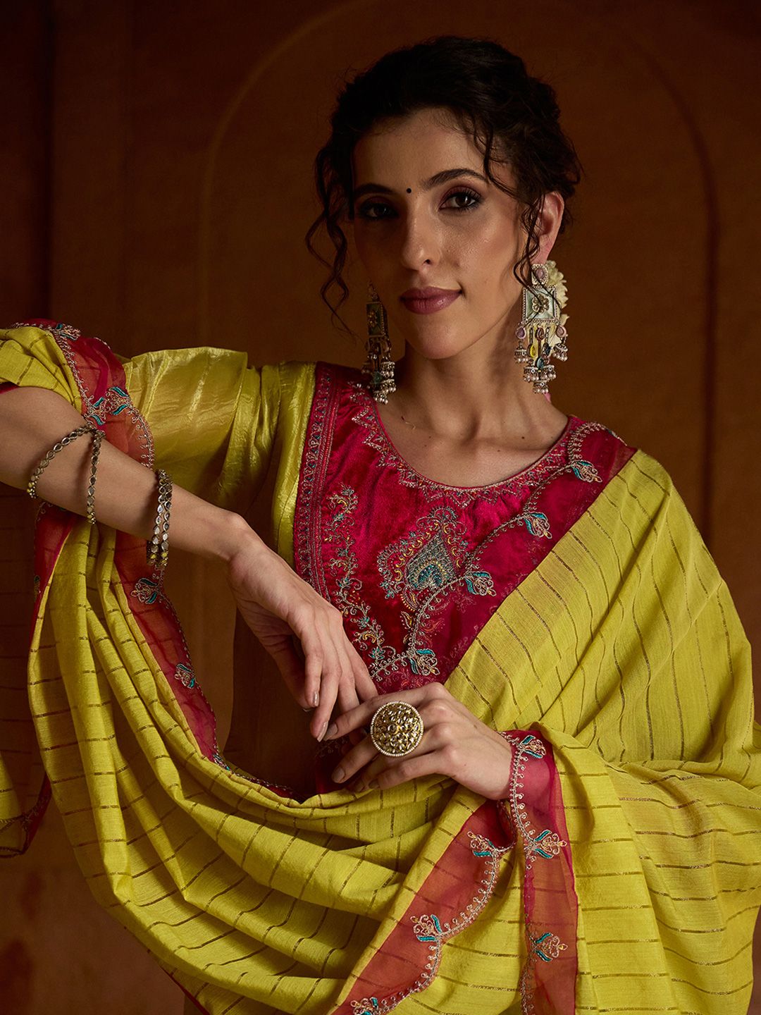 Dhiyona CH Floral Embroidered Sequinned A-Line Kurta With Trousers & Dupatta