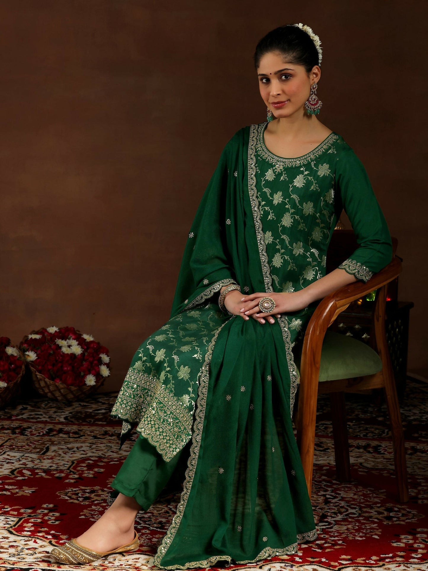 Women's LB Green Woven Design Silk Blend Straight Suit With Dupatta