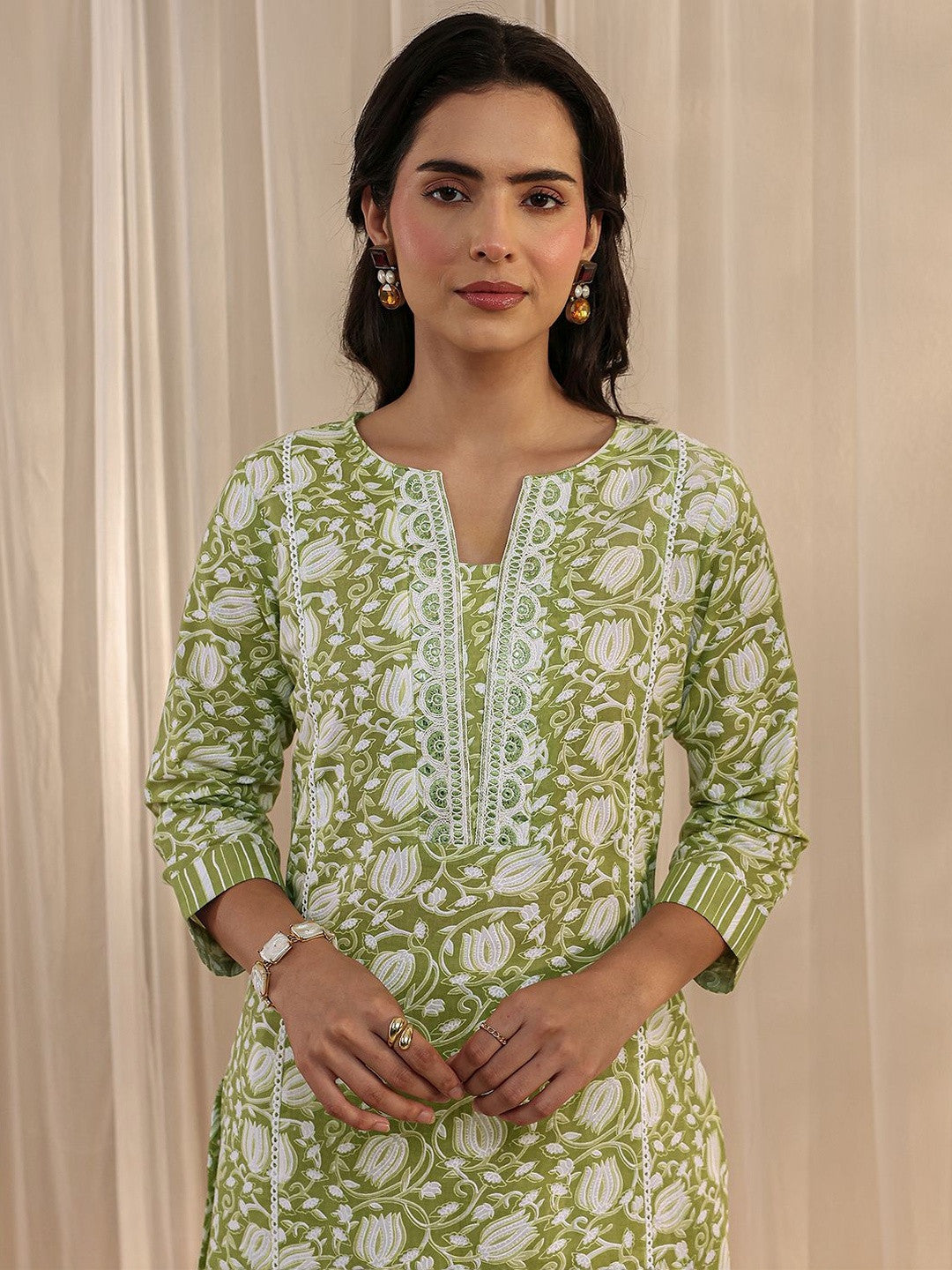 Libas Green Floral Printed Cotton A-Line Suit Set with Dupatta
