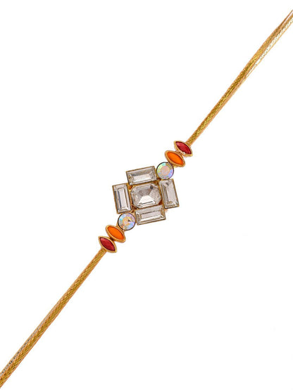 Dhiyona Gold Toned American Diamond Stone Studded Rakhi With Roli Chawal & Greeting Card