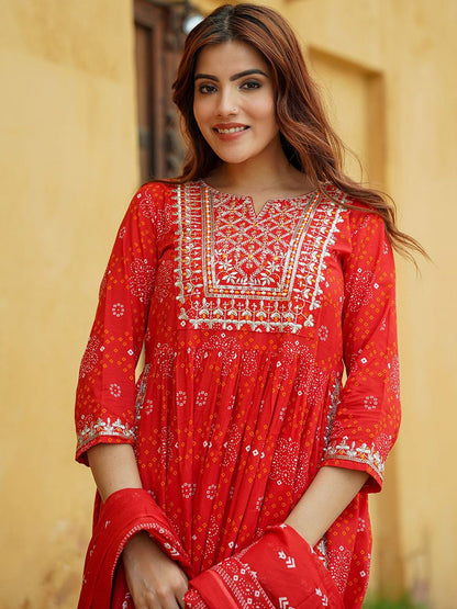 Dhiyona KL Bandhani Printed Thread Work Pure Cotton A-Line Kurta With Trousers & Dupatta