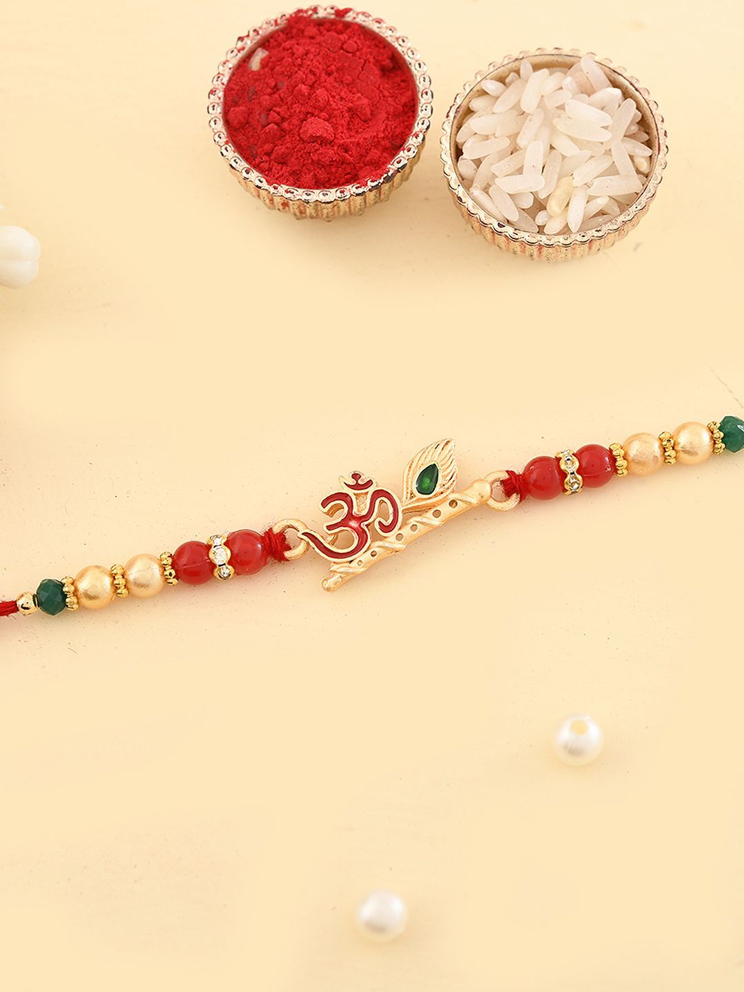 Dhiyona Divine Om & Flute Thread Rakhi With Roli Chawal & Greetings Card