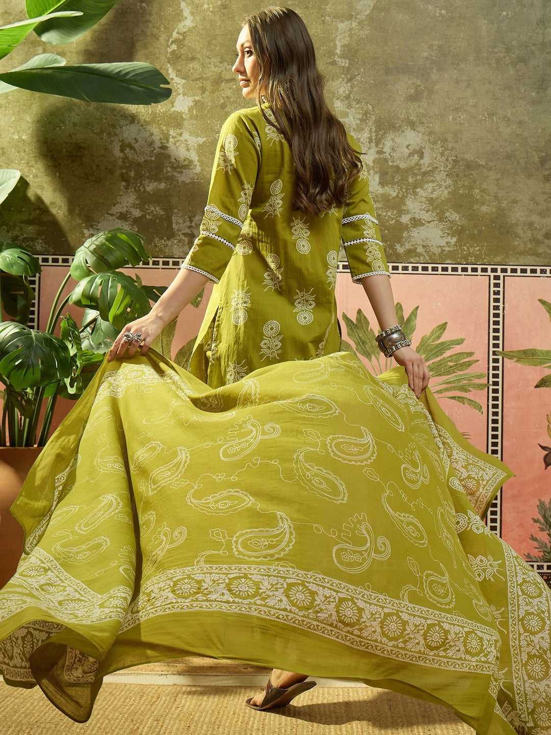 Embroidered Pure Cotton V-Neck Top & Trousers With Dupatta