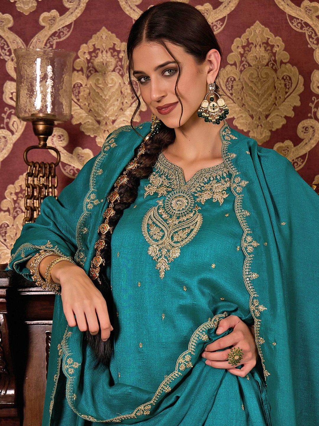 Dhiyona CH Ethnic Motifs Embroidered V-Neck Straight Kurta With Patiala & Dupatta