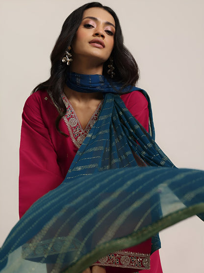 Ethnic Motifs Embroidered V-Neck Straight Kurta With Trousers & Dupatta
