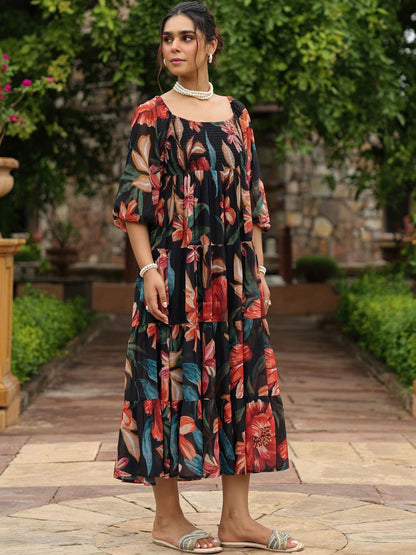 Dhiyona AY Women's Floral Print Puff Sleeve Georgette Fit & Flare Midi Dress