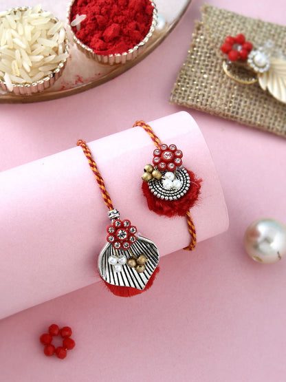 Dhiyona Red Beaded Bhaiya Bhabhi Rakhi With Roli Chawal & Greeting Card