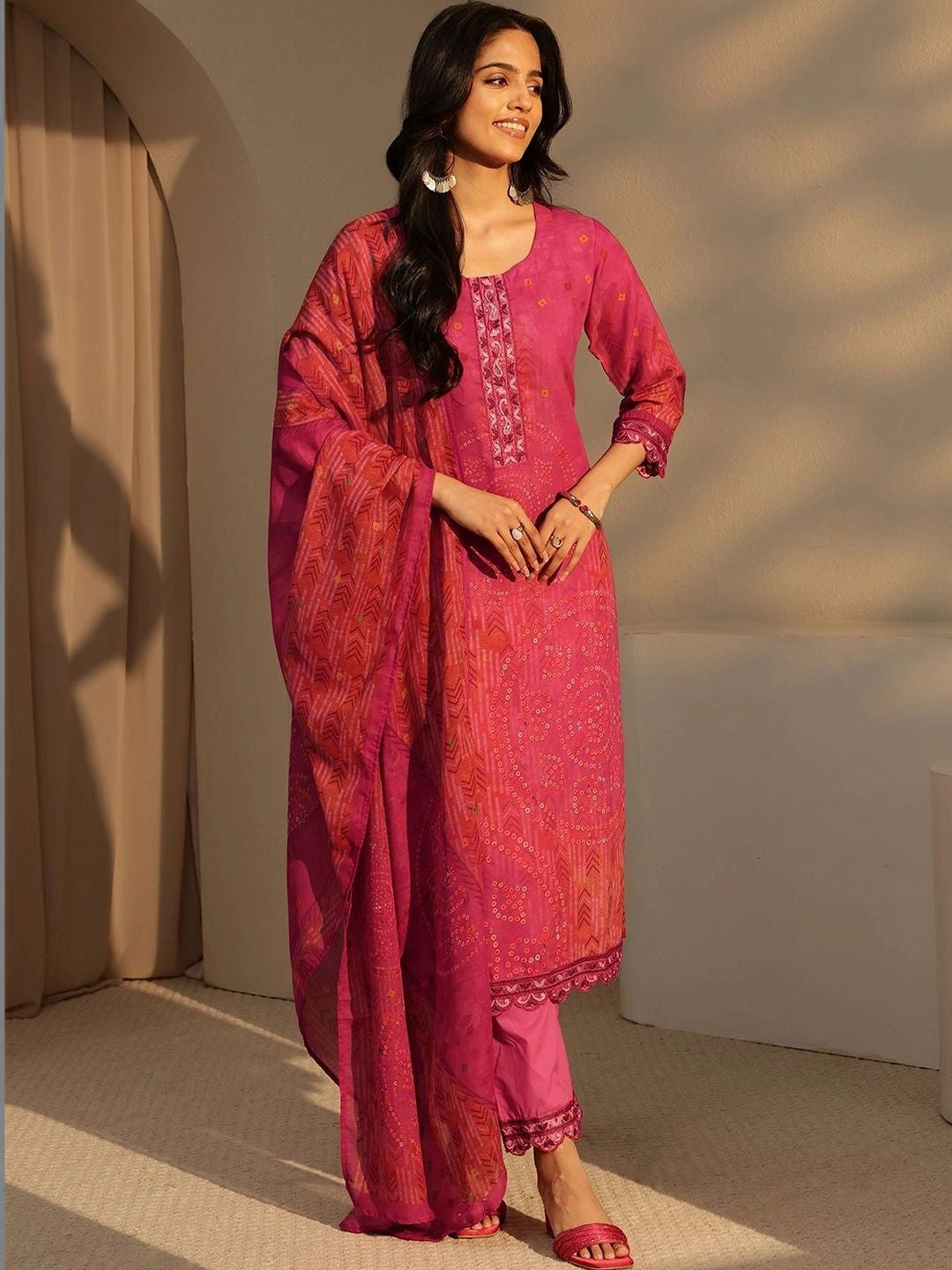 Pink Bandhani Print Straight Cotton Suit Set