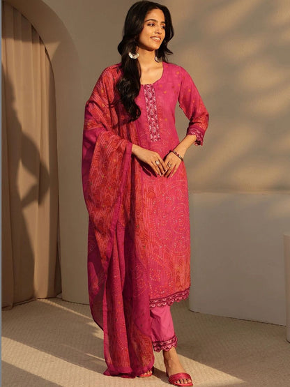 Pink Bandhani Print Straight Cotton Suit Set