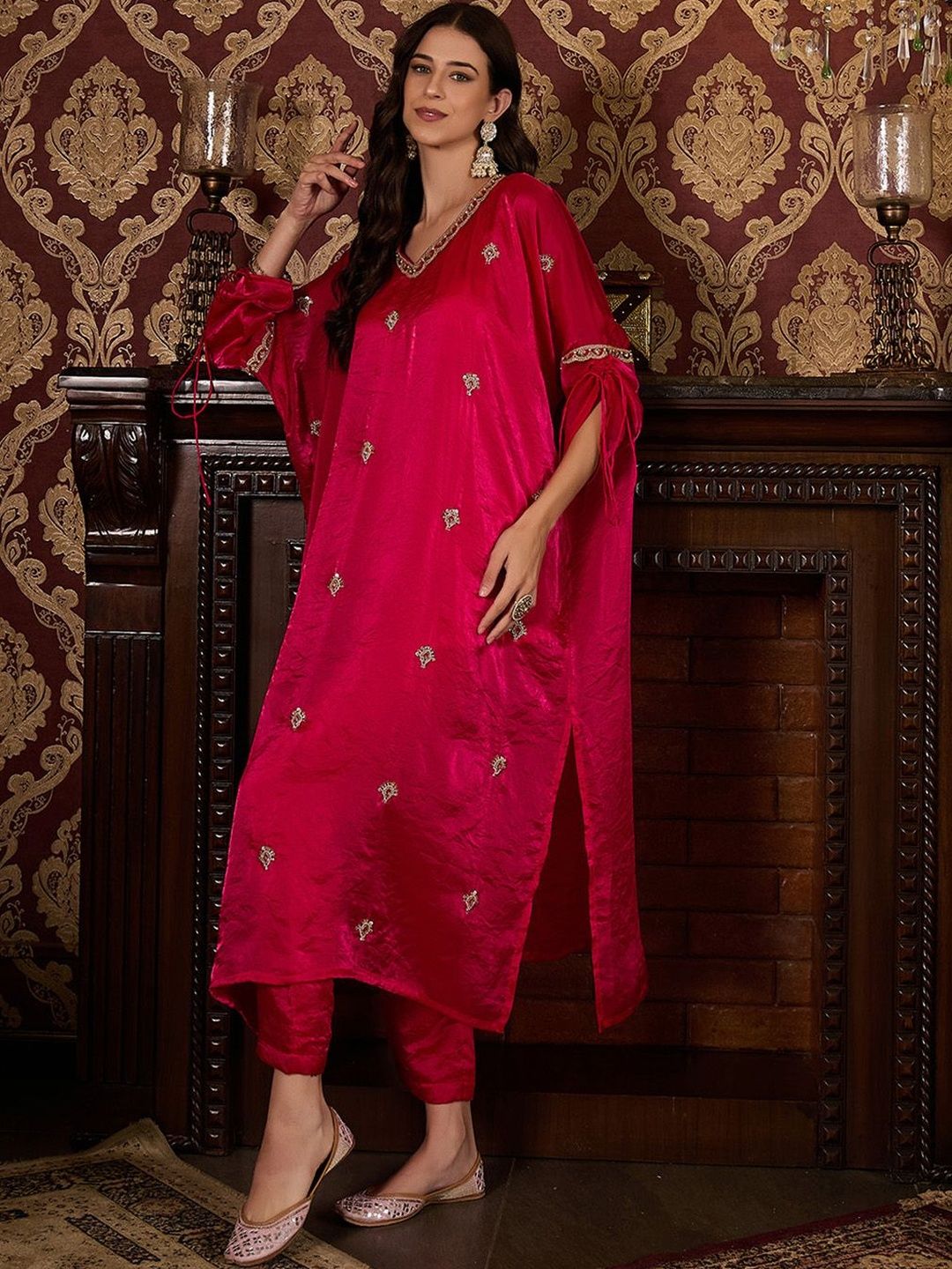 Dhiyona CH Women Floral Embroidered V-Neck Sequinned Satin Kurta with Trousers