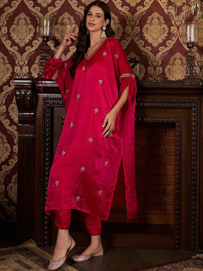 Dhiyona CH Women Floral Embroidered V-Neck Sequinned Satin Kurta with Trousers