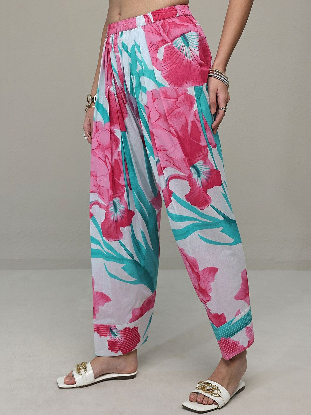 White Floral Printed Cotton Straight Kurta Set