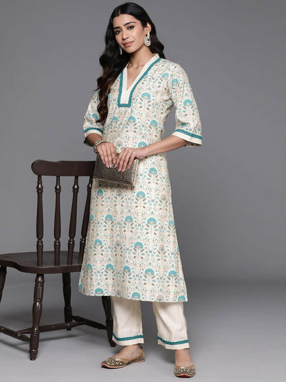 Women's LB Beige Printed Chanderi Silk A-Line Kurta With Palazzos