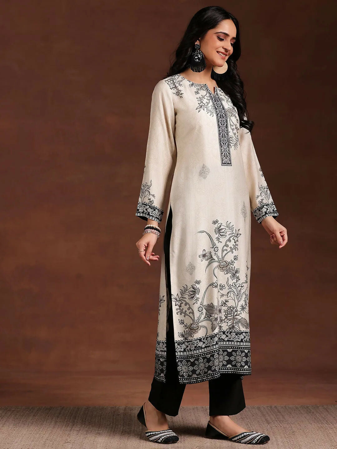 Women's LB Monochrome Printed Silk Blend Straight Suit With Dupatta