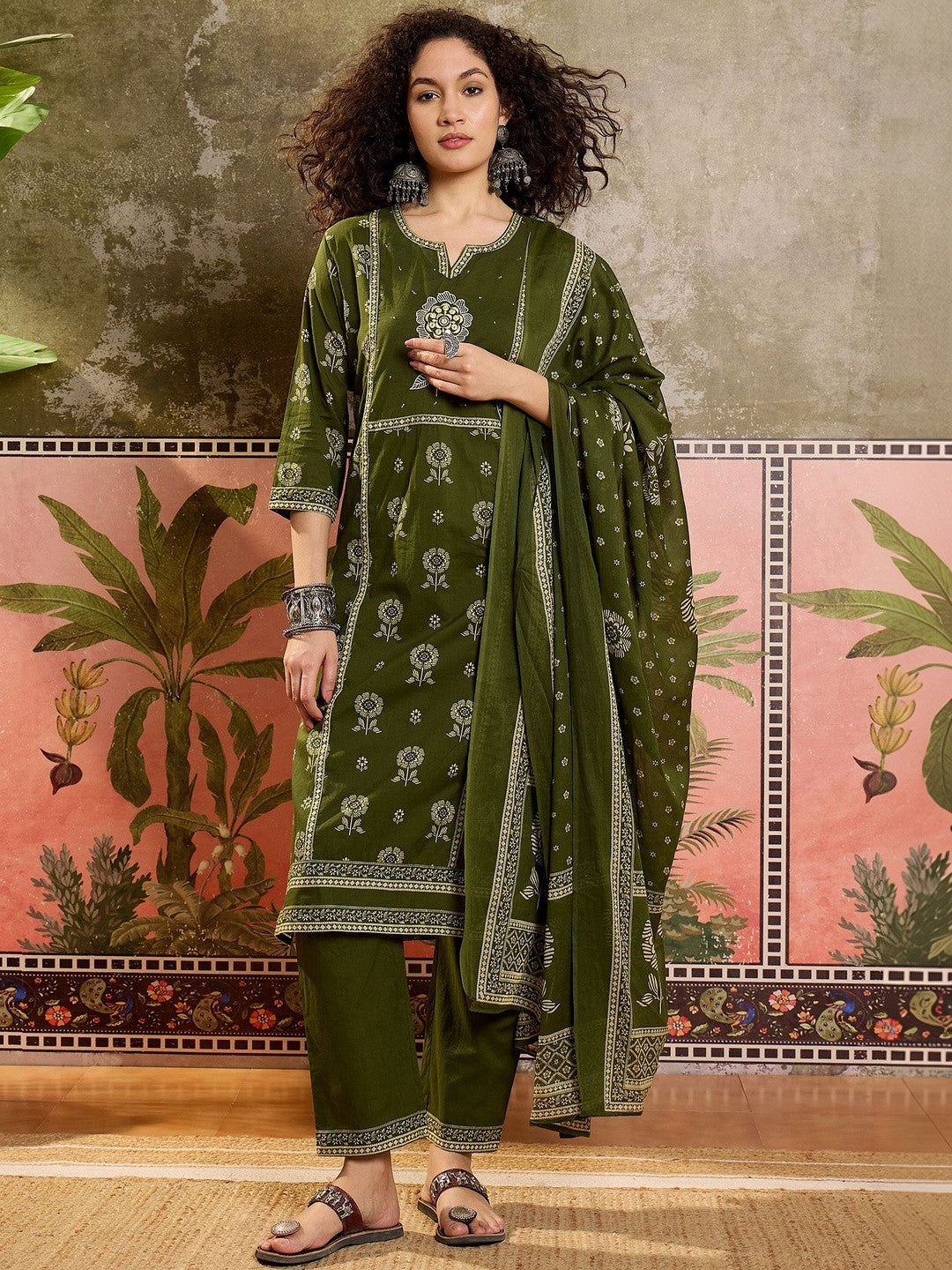 Floral Printed Cotton Round Neck Kurta & Trousers With Dupatta