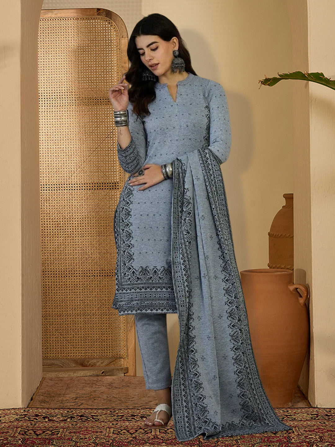 Woven Design Pure Wool Mandarin Collar Kurta & Trousers With Dupatta