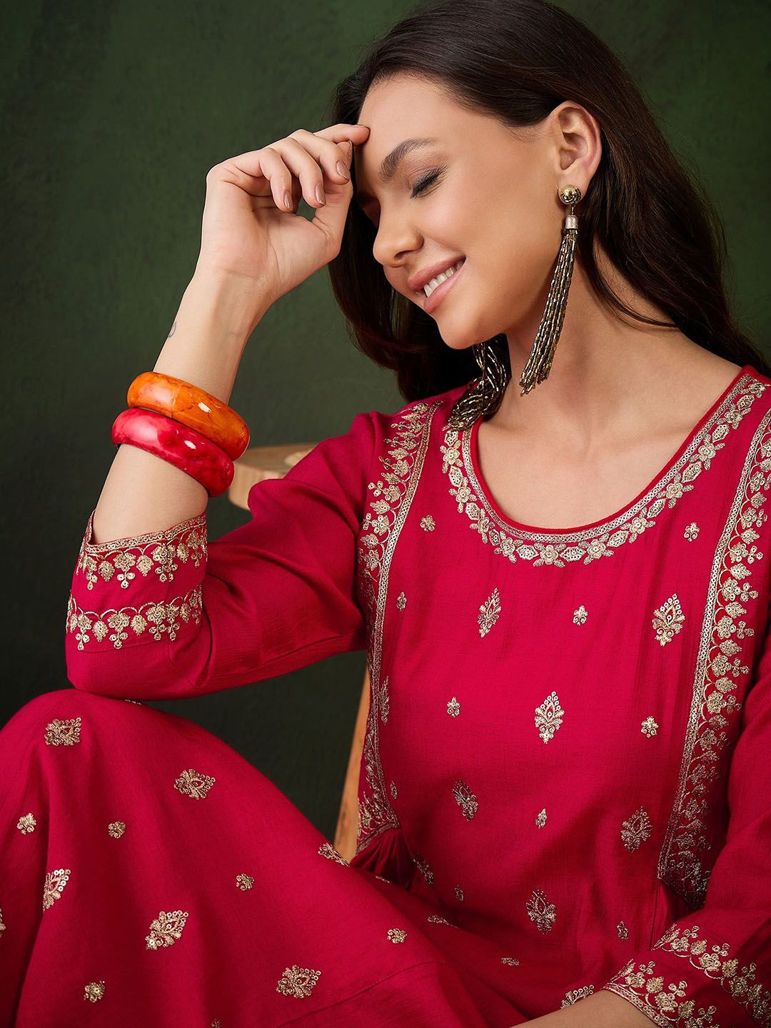 Dhiyona SN Women's Floral Embroidered Round Neck Sequinned Anarkali Kurta With Trousers