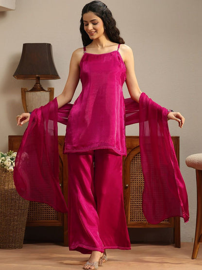 Libas Pink Solid Tissue Palazzo Suit Set