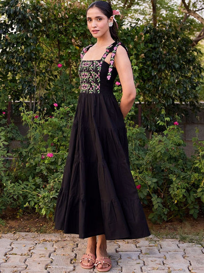 Dhiyona AY Women's Embroidered Square Neck Fit and Flare Ethnic Dresses