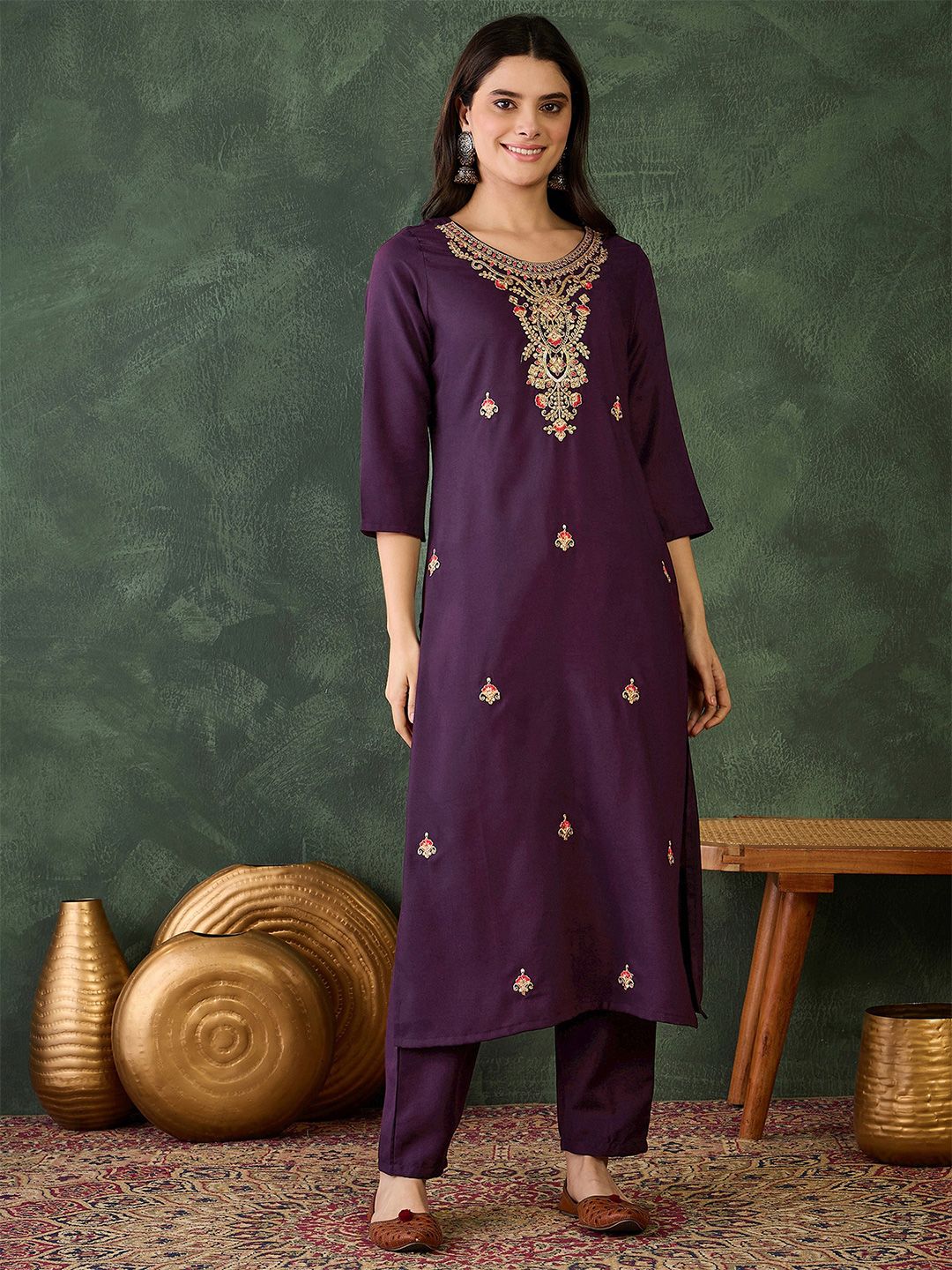 Dhiyona KL Women Embroidered Straight Kurta with Trousers & Dupatta