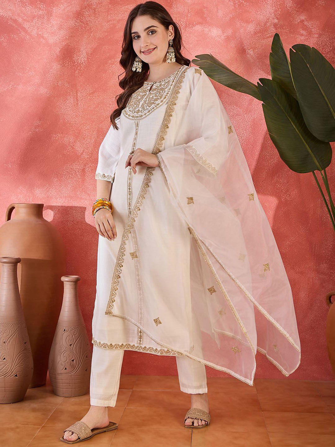 Zari Women Sequence Embroidered Straight Kurta & Trousers With Dupatta