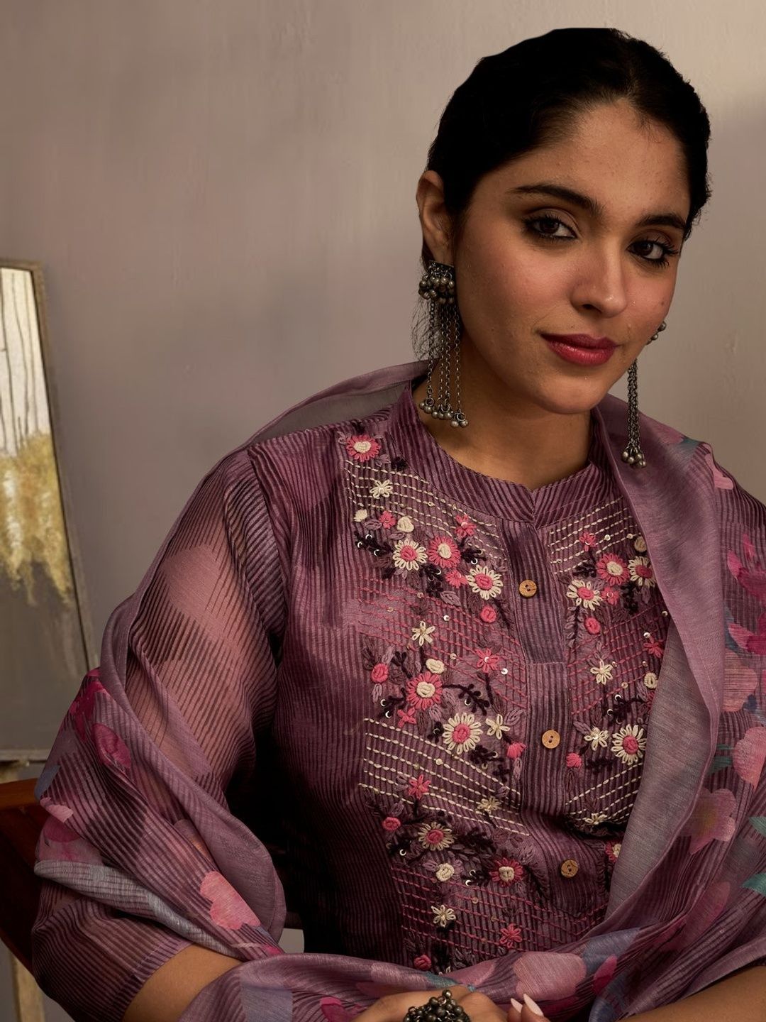 Dhiyona IE Women Ethnic Motifs Embroidered Regular Thread Work Chanderi Cotton Kurta with Trousers & With