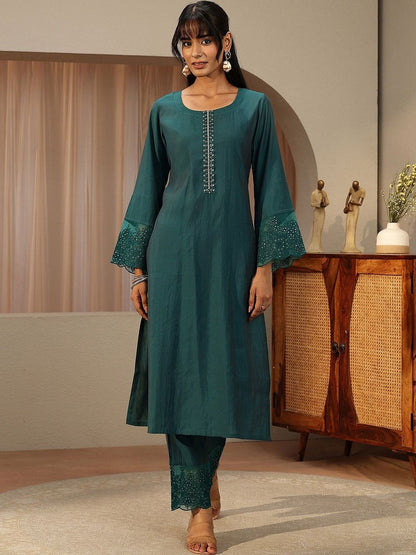 Teal Blue Silk Blend Straight Kurta Set