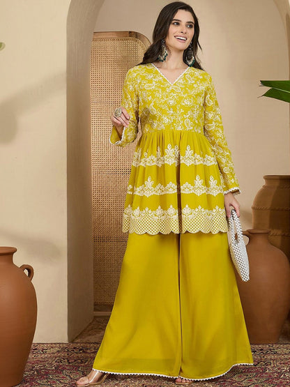 Embroidered V- Neck Kurta & Palazzos