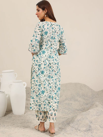 Floral Printed Regular Mirror Work Kurta With Salwar