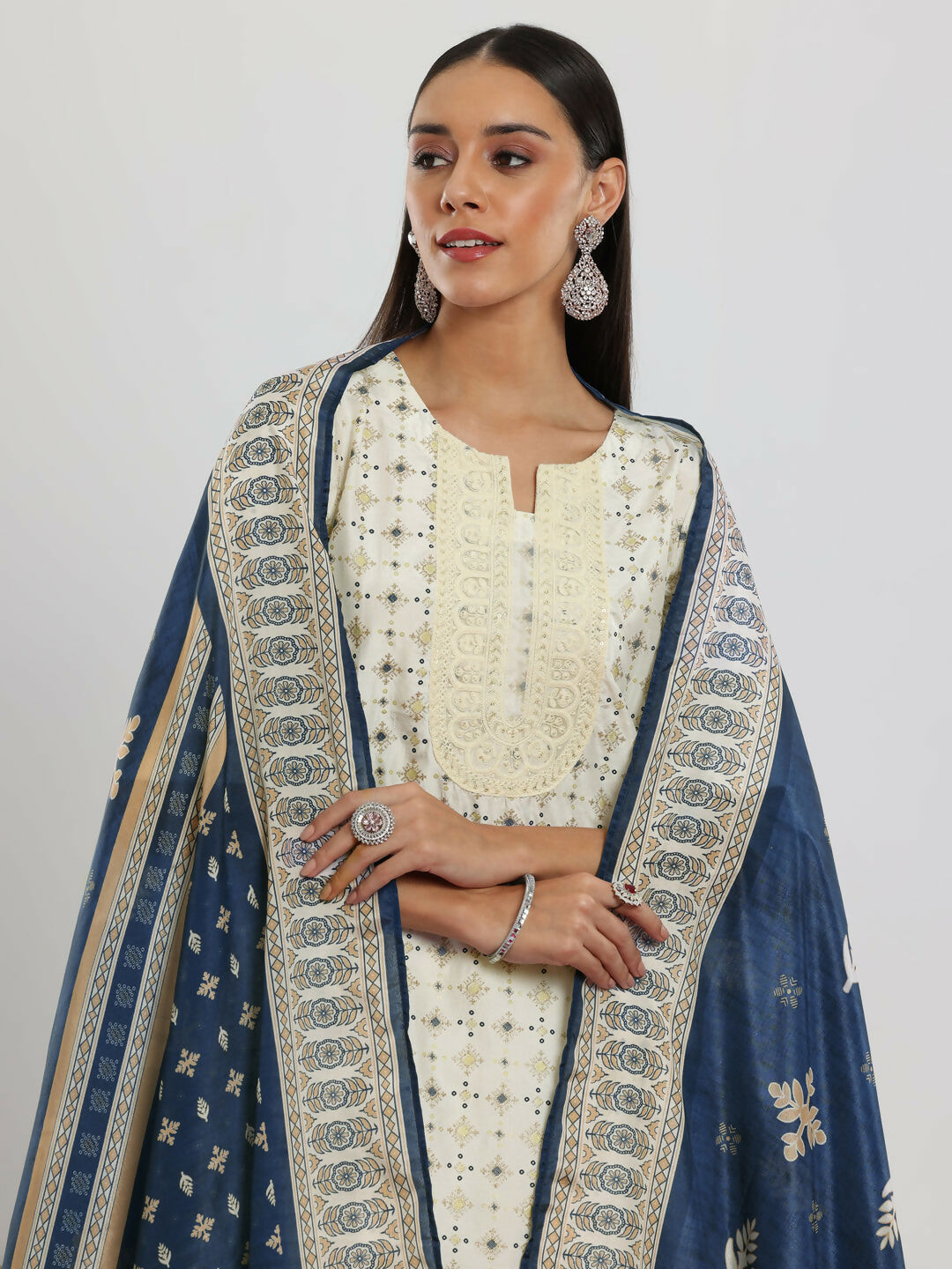 Women's LB Off White Printed Silk Blend Straight Suit With Dupatta