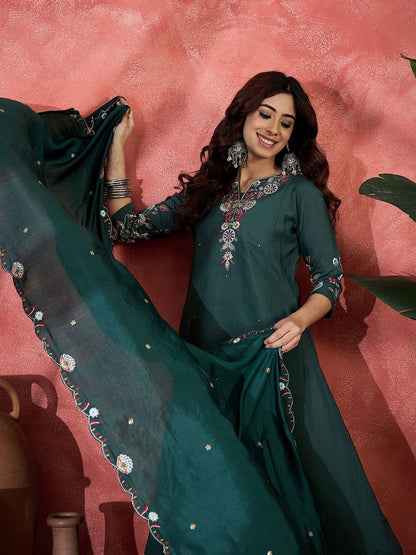 Dhiyona SN Floral Embroidered Thread Work A-Line Kurta & Palazzo With Dupatta