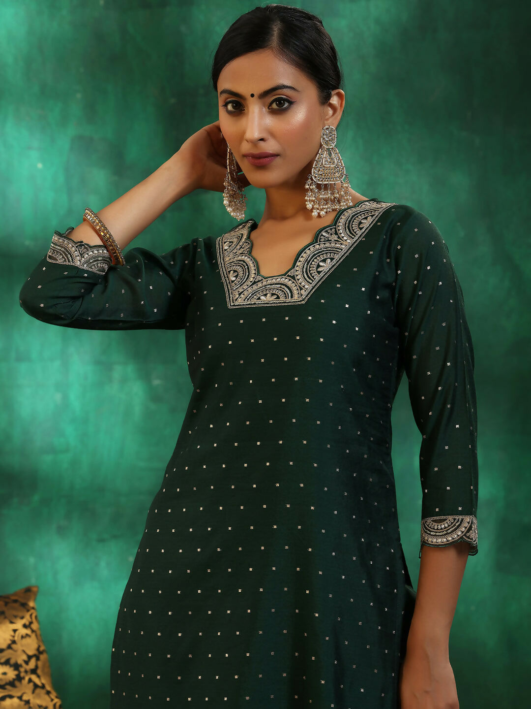 Women's LB Green Self Design Silk blend Straight Suit With Dupatta